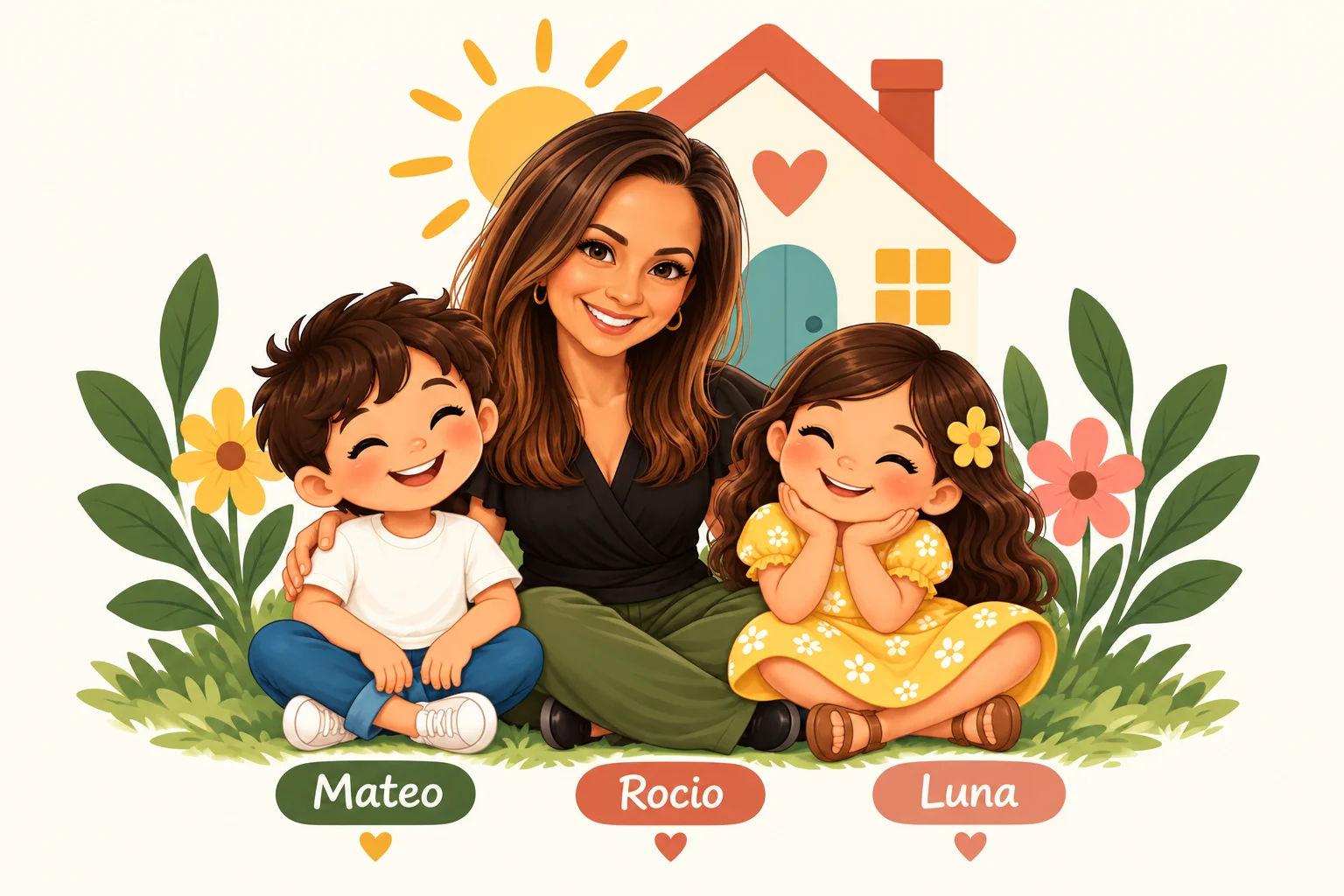 Ilustración de Rocio Pineda sentada en el pasto con Mateo y Luna frente a una casita con un corazón