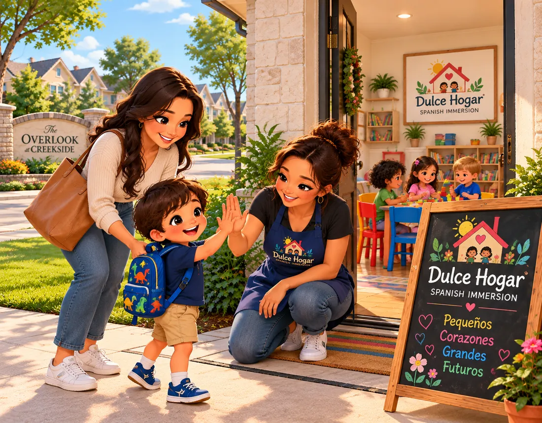 Ilustración de una mamá dejando a su hijo mientras Rocio lo recibe chocando las manos en la puerta de Dulce Hogar