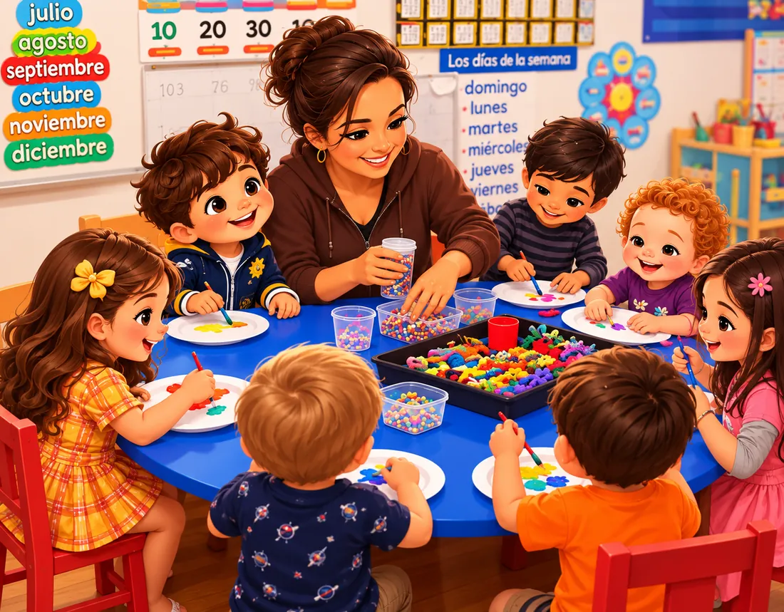 Ilustración de Rocio y siete niños pintando y haciendo manualidades alrededor de una mesa azul en el salón