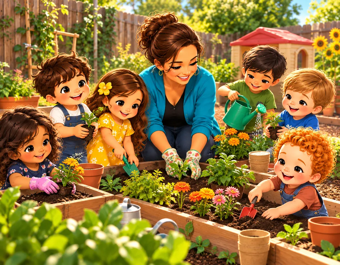 Ilustración de Rocio y niños sembrando flores y verduras en jardineras