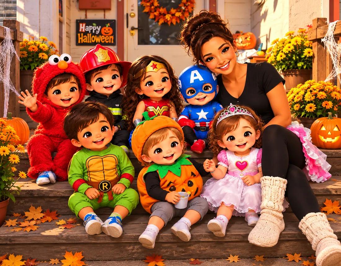 Ilustración de Rocio y niños disfrazados en un porche decorado de otoño