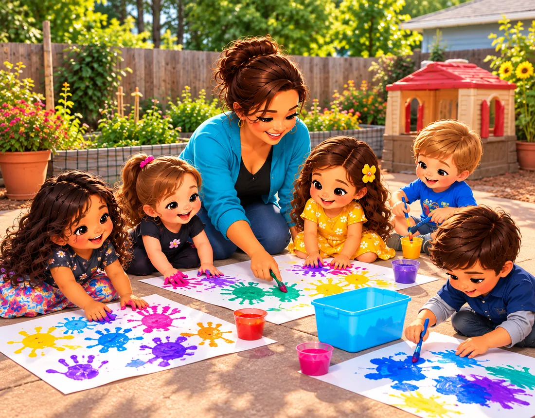 Ilustración de Rocio y niños pintando con las manos al aire libre en el patio